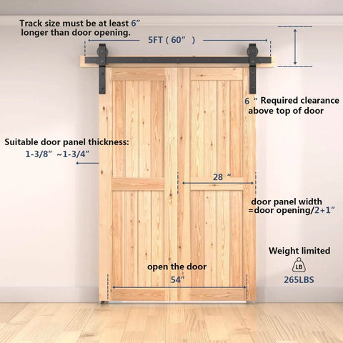 60 Inch Bifold Barn Door Hardware Kit for Two Doors, Black Finish, installed on wood doors, showing measurements and specifications.