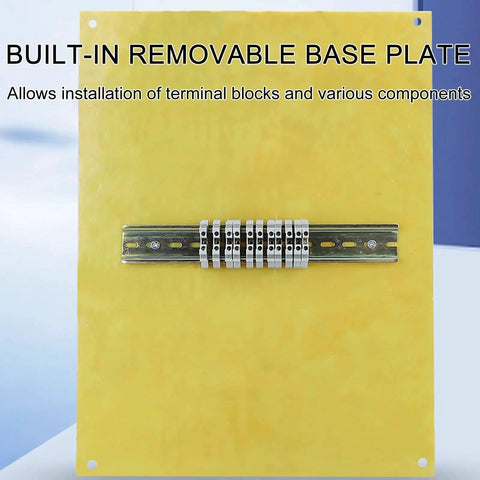 Yellow removable base plate of rugged explosion proof electrical box for outdoor use with terminal blocks installation
