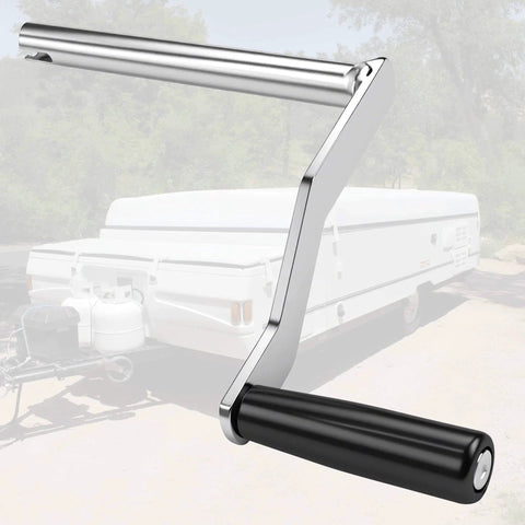 Heavy Duty Iron Crank Handle Replacement for Pop Up Campers compatible with Fleetwood and Coachmen, featuring rotating plastic grip.