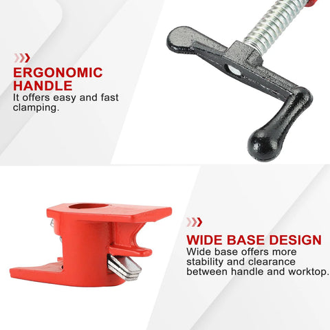 Red 3/4-inch wood gluing pipe clamp with foot design; cast-iron quick-release bar clamp for woodworking (6pc)