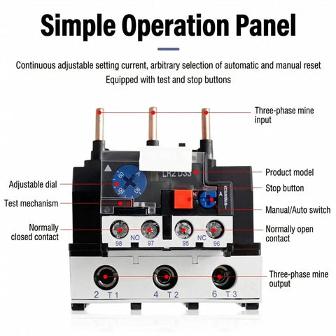 Three Phase Motor Protection Relay With 7-10A Adjustable Overload, showing operation panel and control features, industrial use