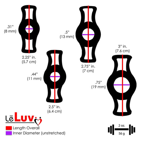 LeLuv Ultima Black Vacuum Pump size diagrams: five outlines with red length lines and purple inner-diameter lines.