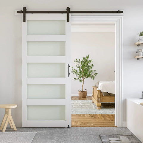 34 X 84 Inch Glass Barn Door With 6 Ft Sliding Hardware Kit And Handle, Pre Drilled Ready To Assemble, Waterproof PVC Coating, White, 5 Panel Glass, Frosted On One Side And Clear On The Other, Space Saving Modern Interior Door installed in living room