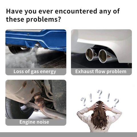 Automotive exhaust gasket infographic illustrating common issues: gas loss, exhaust flow, and engine noise.