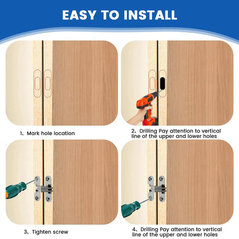 Installation steps for Hidden Cabinet Hinges 1-3/4 Inch 180 Degree Invisible Cross Swing No Visible Hardware Frameless Cabinets with Screws.
