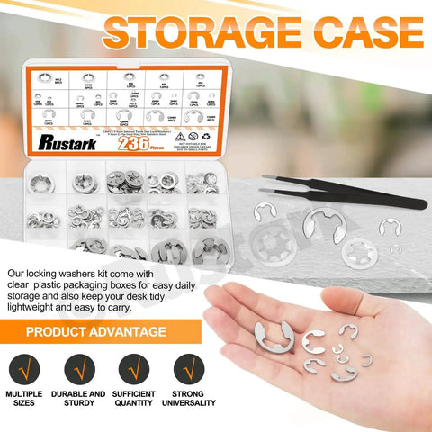 Stainless Steel E Clips and Internal Tooth Star Lock Washers Kit, 304 Grade, tweezers, product storage case, various sizes shown.