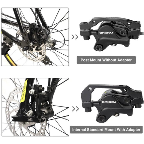 GRELiving hydraulic disc brake set for bike with front and rear calipers, rotors and pads (Amazon).