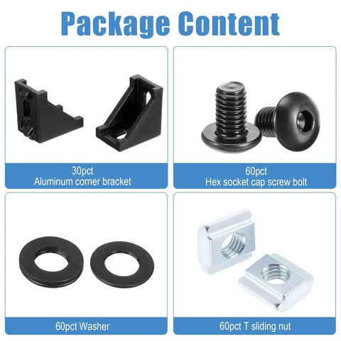 Package content of 30 Set 2020 Aluminum Extrusion Corner Bracket Kit with T slot nuts, M5 screws, and washers for 20 series rails.