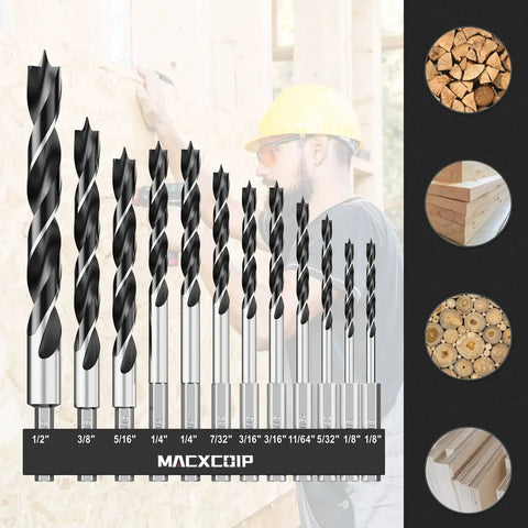Brad Point Wood Drill Bit Set 12 Pc Hex Shank With Double Flute For Precise Starting And Clean Holes In Carpenter Woodworking And All Wood Types One Eighth Inch Through One Half Inch Kit For Pros And DIY Projects displayed with various wood materials and carpenter at work.