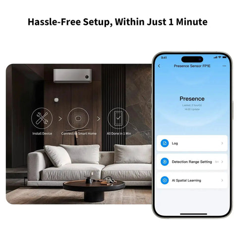 FP1E Zigbee Presence Sensor With MmWave Radar, Wired Motion Sensing And AI Spatial Learning installation setup on mobile app