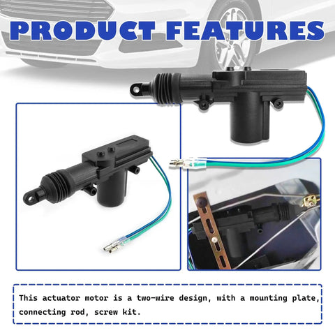 Two Piece Motorized Door Lock Actuator Kit With Tool Set 12V Two Wire Car Unlock System and features diagram.