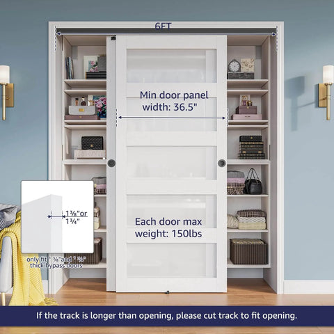 Front view of 6Ft Bypass Closet Door Hardware Kit Top Mounted Track System Heavy Duty Aluminum Smooth Quiet Sliding For Two Doors Fits Minimum 36.5 Inch Door Panel Width Black Finish
