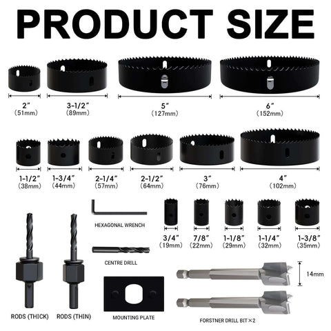 Complete 22 Piece Hole Saw Kit With High Carbon Steel Blades For Drywall Soft Wood Plastic And PVC Pro Grade With Instant Support And A Wide Range From 19 Millimeters To 152 Millimeters displaying assortment of saw sizes, wrenches, drills, bits, and rods.