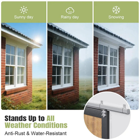 8FT Exterior Sliding Barn Door Hardware Kit with Box Rail Track shown in all weather conditions against brick house