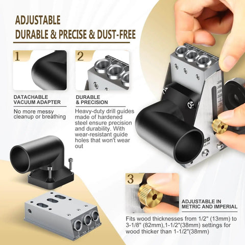Pocket Hole Jig Kit For Precision Woodworking With Detachable Vacuum Adapter Pro Grade Metal Pocket Screw System Titanium Drill Bits Three Pack At Three Eighths Inch Ultra Sharp And Durable Fits Wood Thickness From One Half Inch To Three And One Eighth showing adjustable features and detachable vacuum adapter.