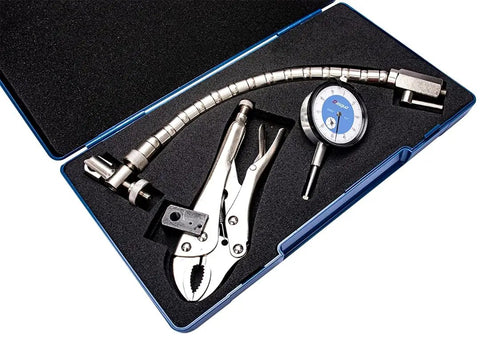 Dasqua 7611-0025 0-1-inch disc and rotor flex chrome automotive set, front view in blue case with pliers and gauge
