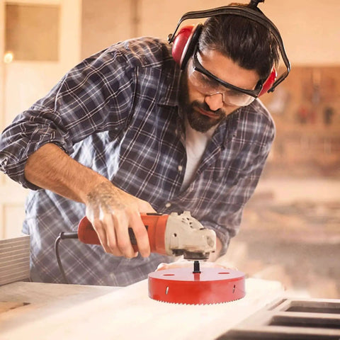 Man using Bi Metal 5.5 Inch Hole Saw HSS Cutter With Arbor For Heavy Duty Drilling In Wood Plastic Plywood Ceiling And Thin Metal 140mm Diameter
