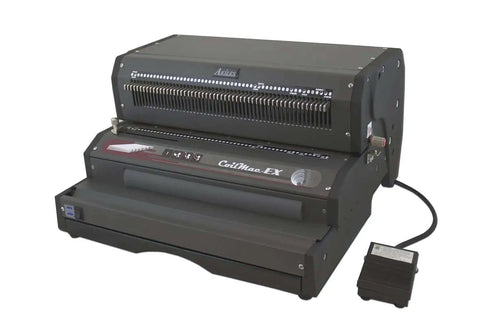 All-In-One Electric Coil Binding Machine With Punch, Inserter And Crimper - 54 Pin, 4x5mm Oval Holes, 4:1 Pitch, foot pedal visible