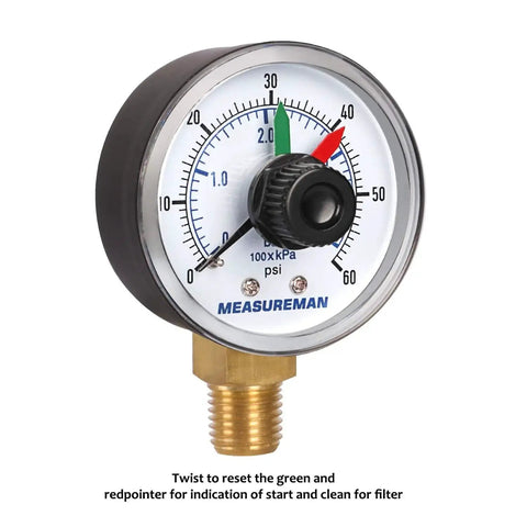 Boxed Pressure Gauge For Pool And Spa Filters With 2 Inch Dial And One Quarter Inch NPT Bottom Mount, Measures 0 To 60 Psi