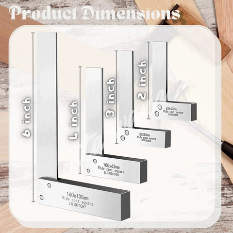 Machinist Square Set 2 3 4 6 Inch Pro Grade L Type Right Angle Ruler For Woodworking And Metalworking shown in four sizes.