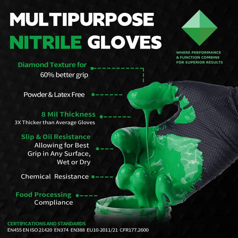 Heavy Duty Black Nitrile Disposable Gloves 8 Mil Powder Free 100 Count X Large with green paint showcasing grip texture.