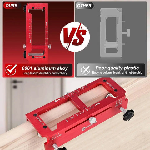 Pro Grade Door Hinge Template Kit For Router, Adjustable Mortise Jig in red aluminum, fits 2.5 to 5 inch hinges, comparison view