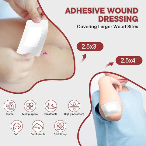 Adhesive wound dressing on arm, size 2.5x4 inches, part of All In One First Aid Kit For Car Home Travel Camping And Office In Compact