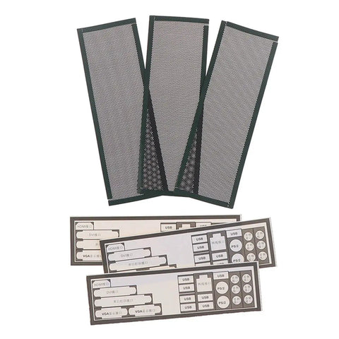 Backplate Filter Cover for PC Case Rear Panel 5.8x17 cm with mesh IO shield and labels for motherboard cooling and aesthetics.
