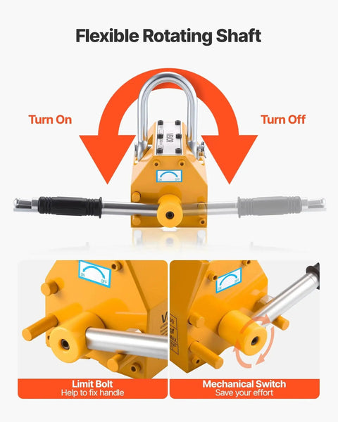 Front view of Permanent Magnetic Lifter N42 Neodymium 1320 Lb Capacity with Release Handle Steel Hook shown with rotating shaft.