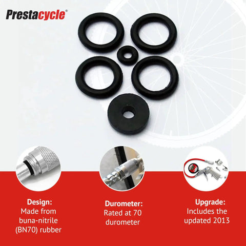Prestaflator Rebuild Kit With O Rings And Seals For Hose Trigger And Pressure Release Fits 2010 And Newer Tools For Bicycles Pro Grade Buna N BN70 Rubber, showing black O-rings and seals on a light background.