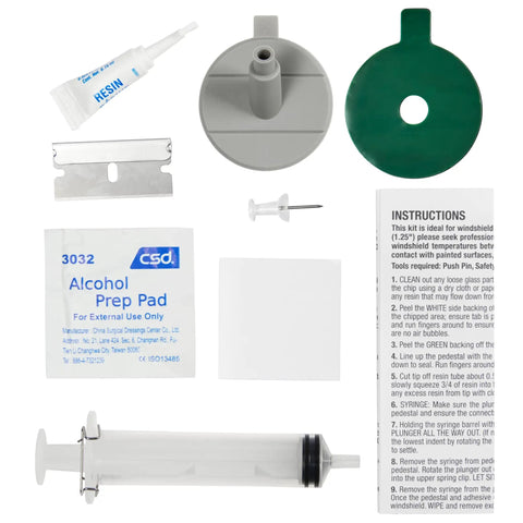 Windshield Chip Repair Kit For Stone Damage And Bullseyes, Fills Chips Up To 3cm With Repair Resin, includes tools and instructions.