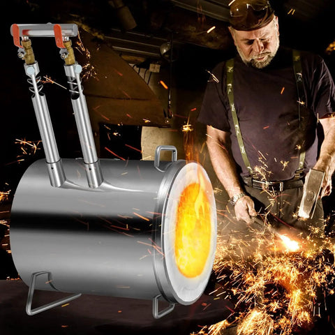 Large Capacity Propane Melting Furnace Kit For Foundry And Blacksmithing With Two In One Melting And Forging Function 12Kg Smelting Forge With Crucible And Tongs Stainless Steel Smelter For Metal Scrap Recycle Gold Copper Silver Casting VEVOR with man forging metal next to furnace.