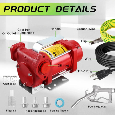 Heavy Duty Portable 110V Fuel Transfer Pump With Manual Nozzle For Gas Diesel Kerosene Biodiesel And More Self Priming 10 GPM Oil Transfer Pump For Home Garage Shop Farm Use showing product parts and labels.