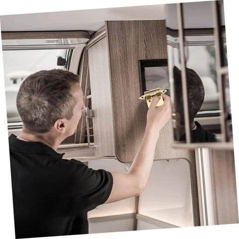 Man installing Mobestech Semi Hidden Spring Loaded Door Hinges For RV And Camper Auto Close Cabinets in wooden cabinet