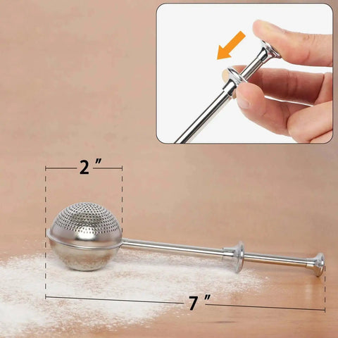 Flour Duster For Baking One Handed Operation Stainless Steel Powdered Sugar Shaker with 7-inch handle and 2-inch duster ball.
