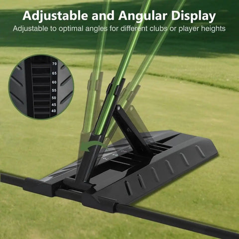 Golf Alignment Stick Holder And Training Aid For Aiming, Putting, Full Swing, Posture Correction, And Swing Plane Practice With Durable Metal Sticks For Coach Level Guidance shown with adjustable angles on grass.