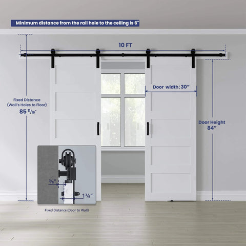 Double 30 By 84 Inch White Barn Door With 10 Ft Sliding Hardware Kit Included, Assembly Required, Waterproof PVC Surface, Fits Openings Up To 58 By 82 Inches installed, showing dimensions.