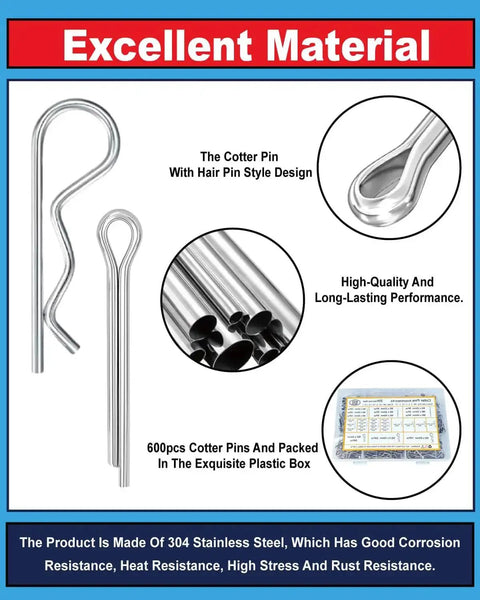 600 Pcs Cotter Pins Assortment Kit With 31 Sizes In Premium 304 Stainless Steel Small Hitch Pin Clips shown with design and packaging.
