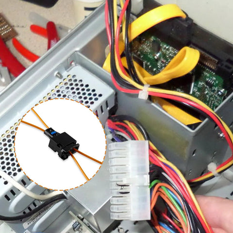 2-pack Velidy fiber optic loop bypass adapters, black inline connector with orange wires for car stereo wiring.