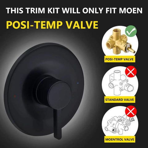 Shower And Tub Trim Kit For Moen Posi Temp Valve Matte Black Durable Metal Construction And Rust And Corrosion Resistant Finish For Long Lasting Durability And Easy Installation Perfect For A Modern Black Bath Upgrade displayed with compatibility chart