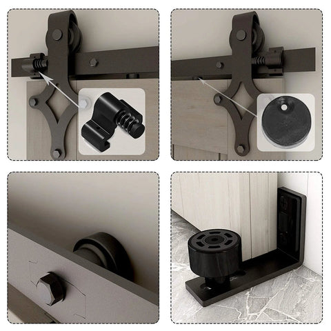 7 Ft Sliding Barn Door Hardware Kit With Floor Guide, Heavy Duty Modern Style, Holds Up To 330 Lbs, 1.875 In Thick Frosted Black Steel Track close-up of components.