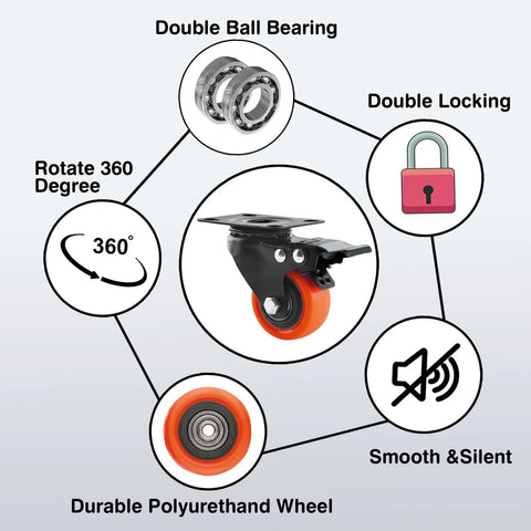 Diagram showing 2 Inch Caster Wheels Set Of 4 With Brakes Heavy Duty Polyurethane Swivel Casters 360 Degree Plate Caster Wheels features