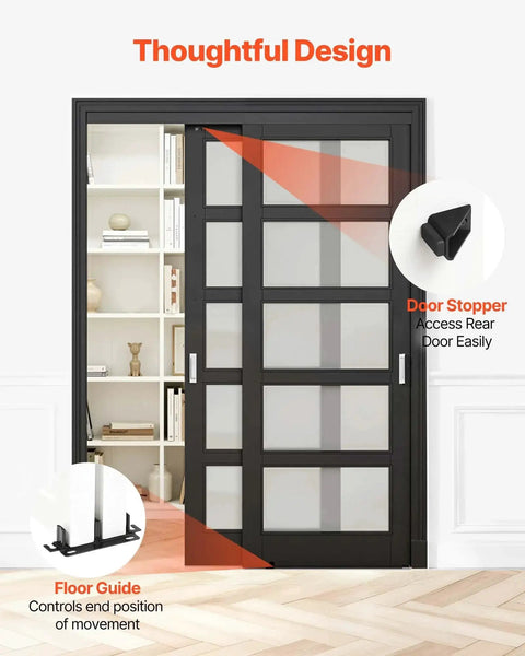 Installed dual track bypass sliding door hardware kit for closet doors, 5 ft aluminum alloy system, 30 inch wide, smooth operation.
