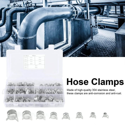 160Pcs 304 Stainless Steel Spring Clips Hose Clamps Set In Eight Sizes 6.5 To 18 Millimeter for Fuel Petrol Pipe Hose Cable Clamps