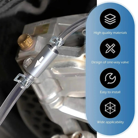 Bawkars 2-Piece brake bleeder hose kit with one-way valve, silver tubing and clamps installed on brake line