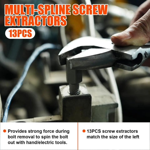 Close-up of 13-piece multi-spline screw extractor in use with wrench, part of 72 Piece Bolt Extractor Kit With Left Hand Drill Bits For Damaged Rusted Rounded Off Bolts Nuts And Screws Lug Nut Removal Tool Easy Out Screw Extractor Set The Perfect Gift For Men Dad Husband Boyfriend