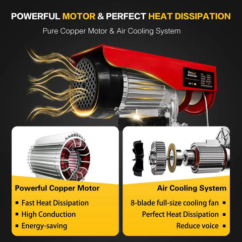 Electric Hoist 2200 Lbs Winch 110V With Wireless Remote Control Emergency Stop featuring copper motor and cooling system