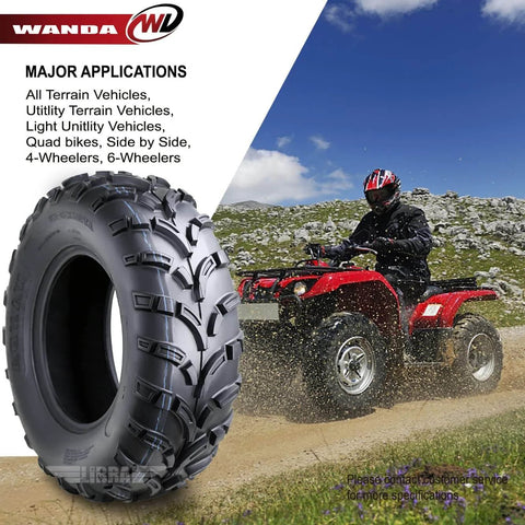 Heavy Duty 6 Ply Mud Tires for ATV UTV 25x8x12 Set of 2 With Deep Lug Tread 0.6 Inch Depth 6 Inch Rim Width Max Load 340 Lbs at 7 PSI Fast Acceleration and Braking on Mud and Rough Terrain with ATV rider on rocky trail