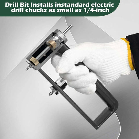 Adjustable Sheet Metal Hole Cutter With Two Drill Bits Pro Grade Circle Hole Cutter showing handle and drill attachment.