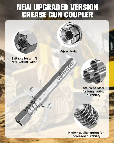 Extra Long Grease Gun Coupler For Tight Spots With Two Point Four Inch Nozzle High Pressure 10000 PSI Quick Lock Release Locks Onto Zerk Fittings Extra Reach For Grease Fittings displayed with 6-jaw design and stainless steel construction in front of a machinery background.